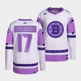 Hockey Fights Cancer Nick Foligno Boston Bruins White Purple #17 Primegreen Jersey 2022
